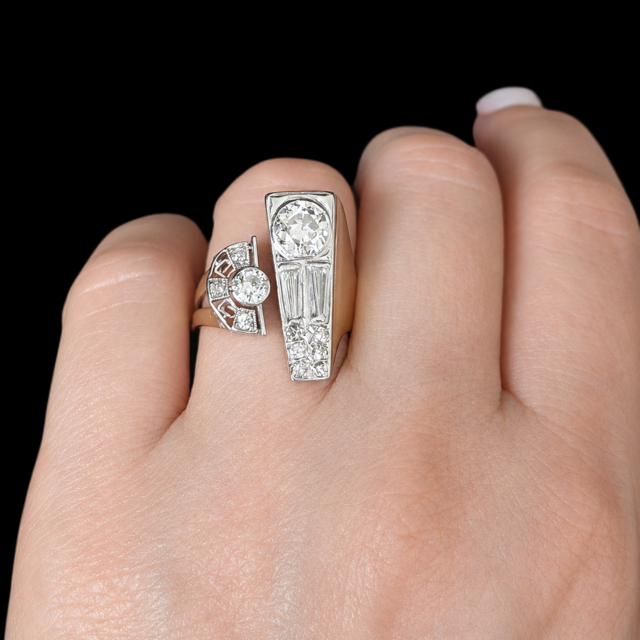 1940s Old European Cut Diamonds 14k Gold Platinum Cocktail Ring Vintage Retro