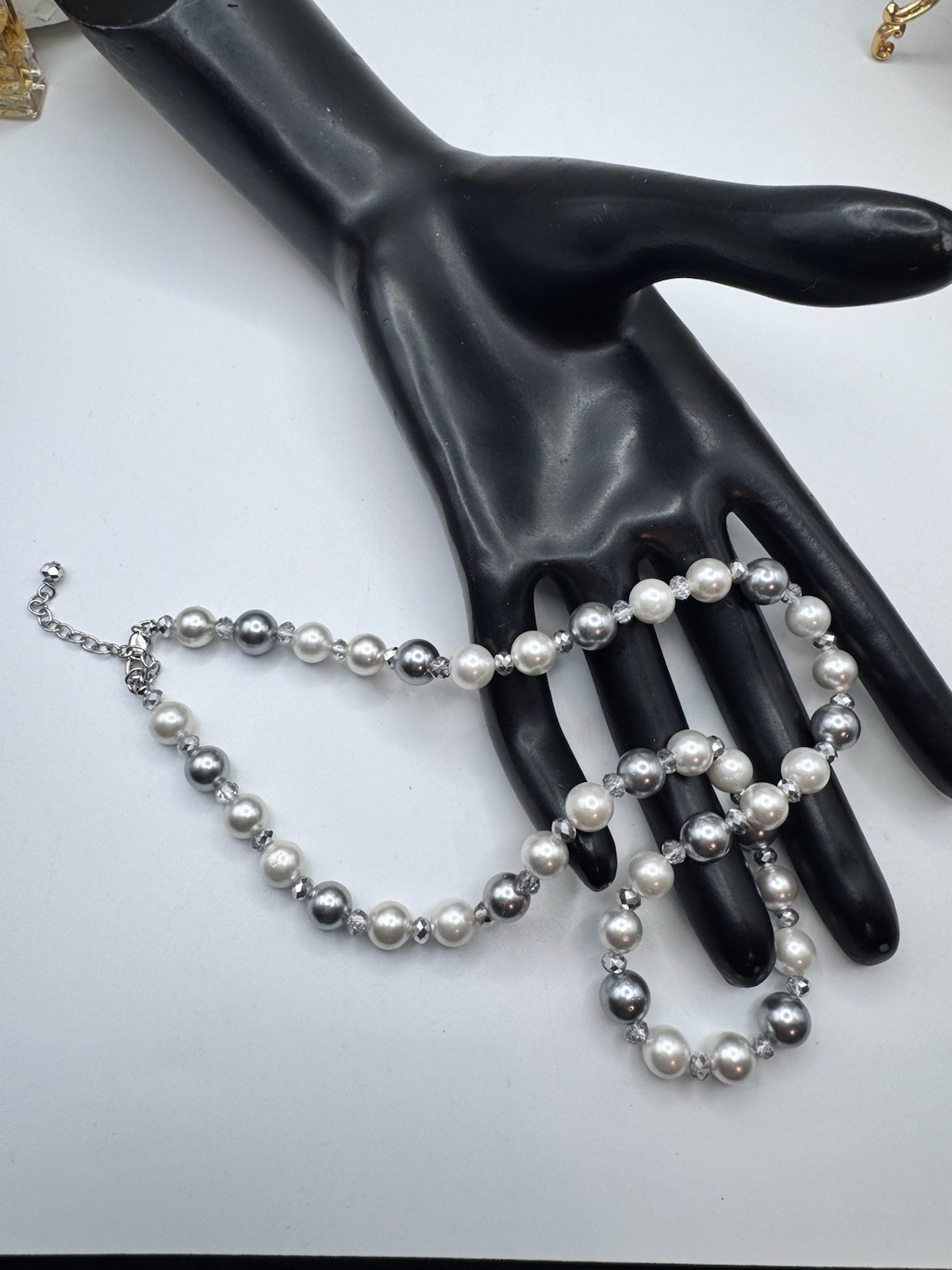 Vintage Elegant Gray and White Faux Pearl And. Crystals Necklace 16”- 18” Long