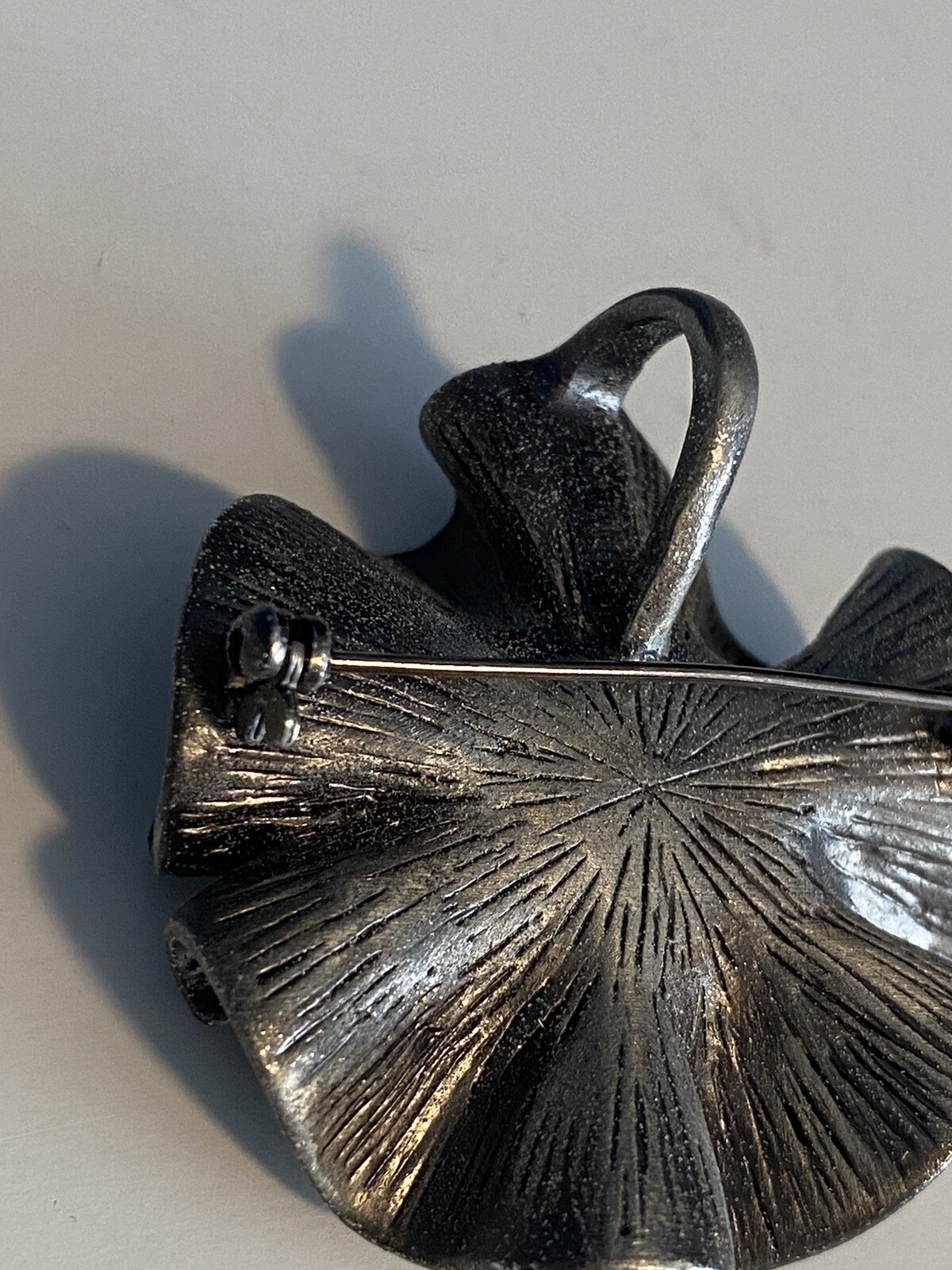 Flower Brooch Pewter Smoked Rhinestone Center 1.75” Wide Textured or Pendant