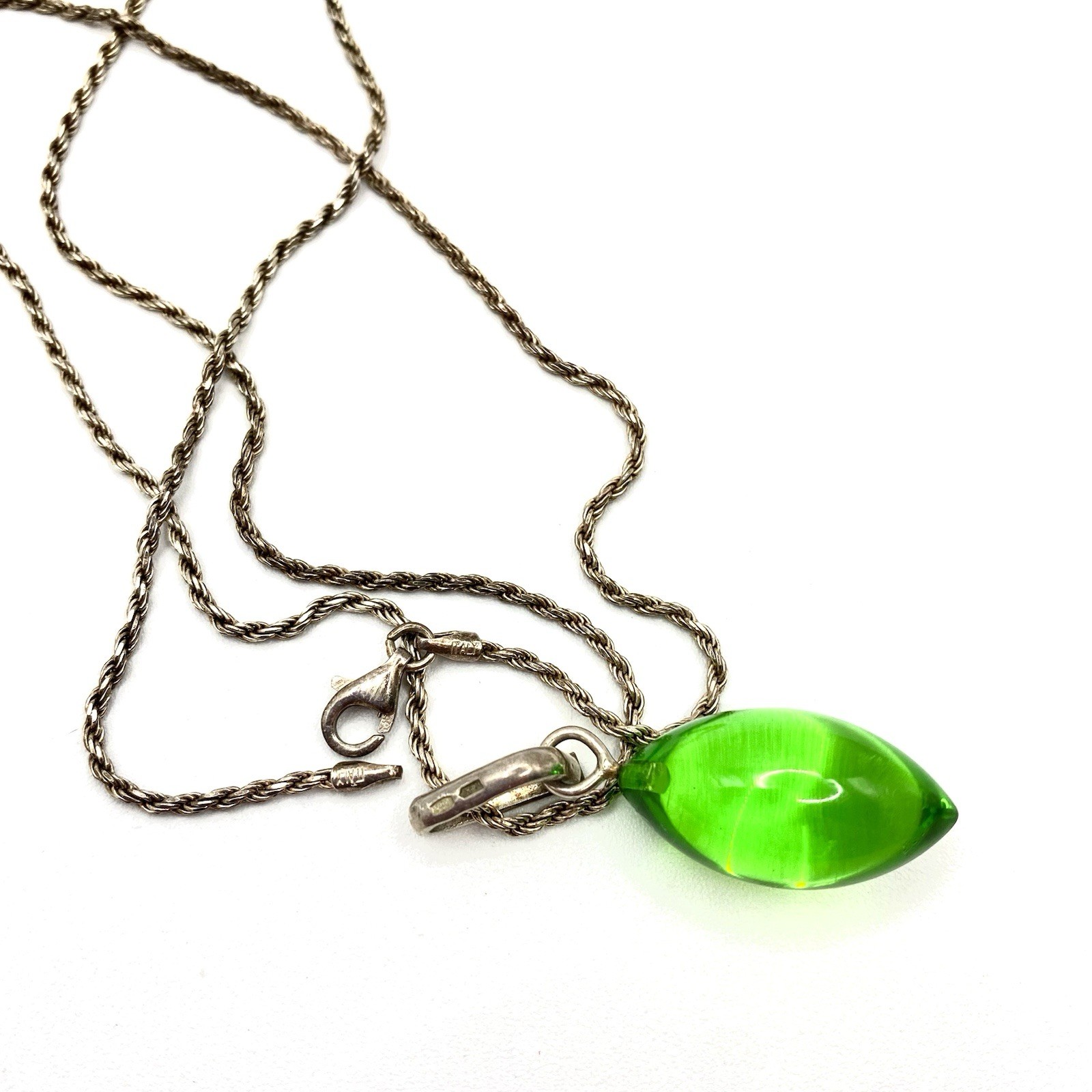 Vtg Sterling Silver 925 Clear Lime Green Lucite Navette Pendant Necklace Deco