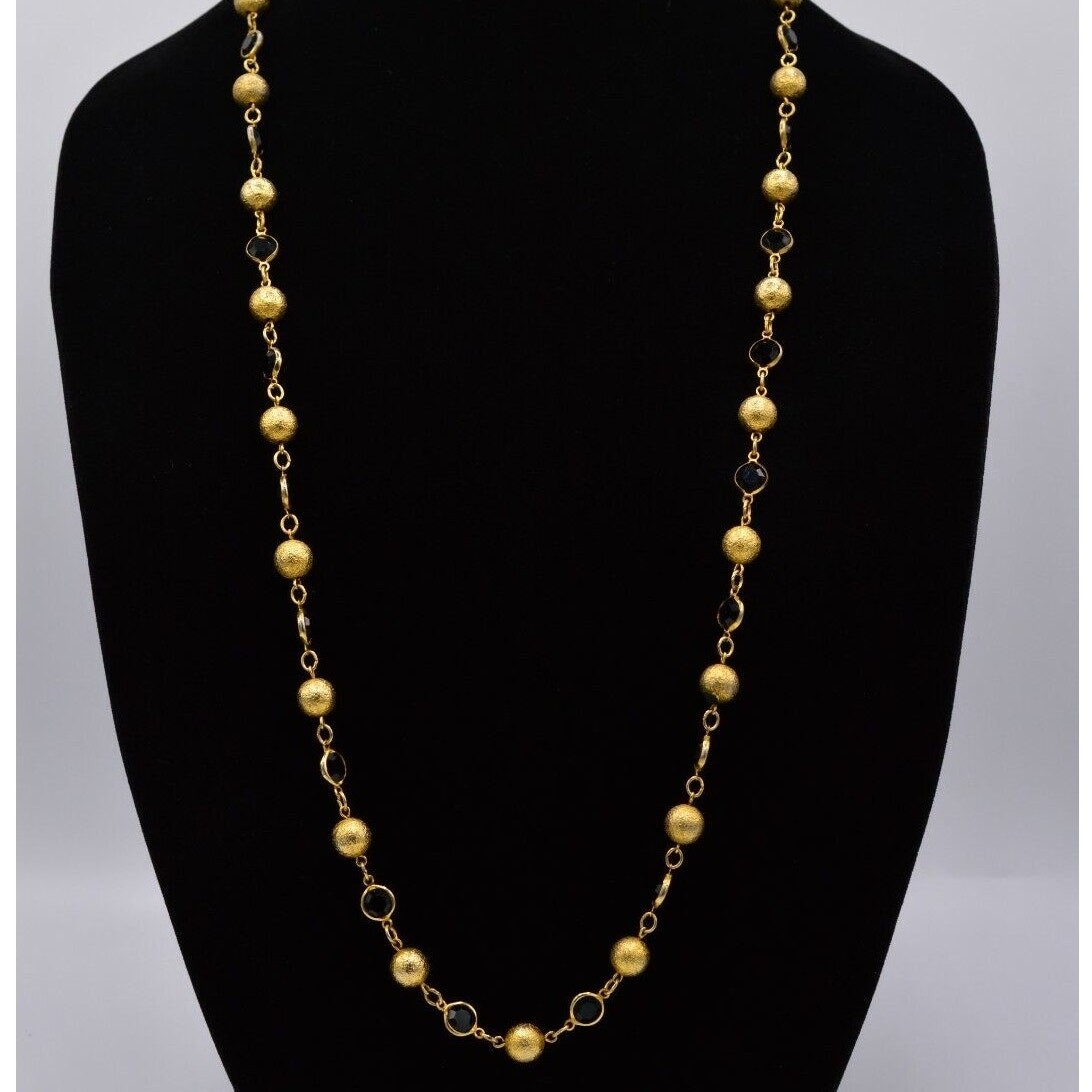 Austrian Crystal USA Vintage Necklace Black Open Bezel Gold Ball Signed 80s Bin8