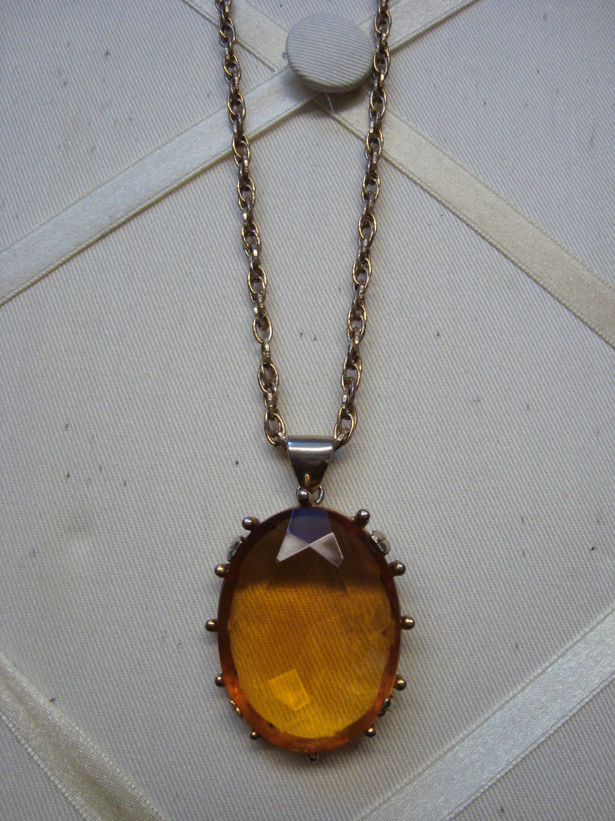 ANTIQUE CUSHION CUT CZECH GLASS PENDANT & CHAIN – FACETED TRANSPARENT TOPAZ