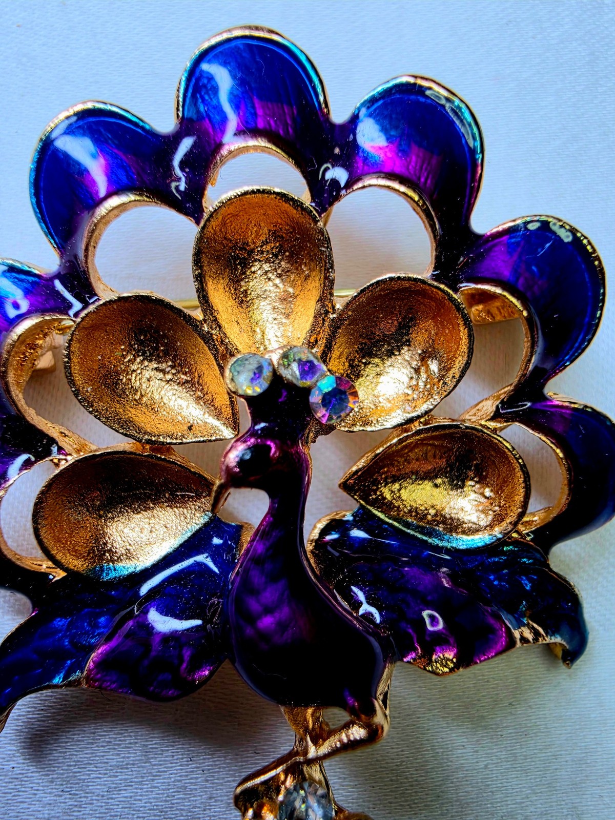 Vintage Gold Tone Peacock Brooch Purple Blue Enamel Rhinestone Estate Jewelry