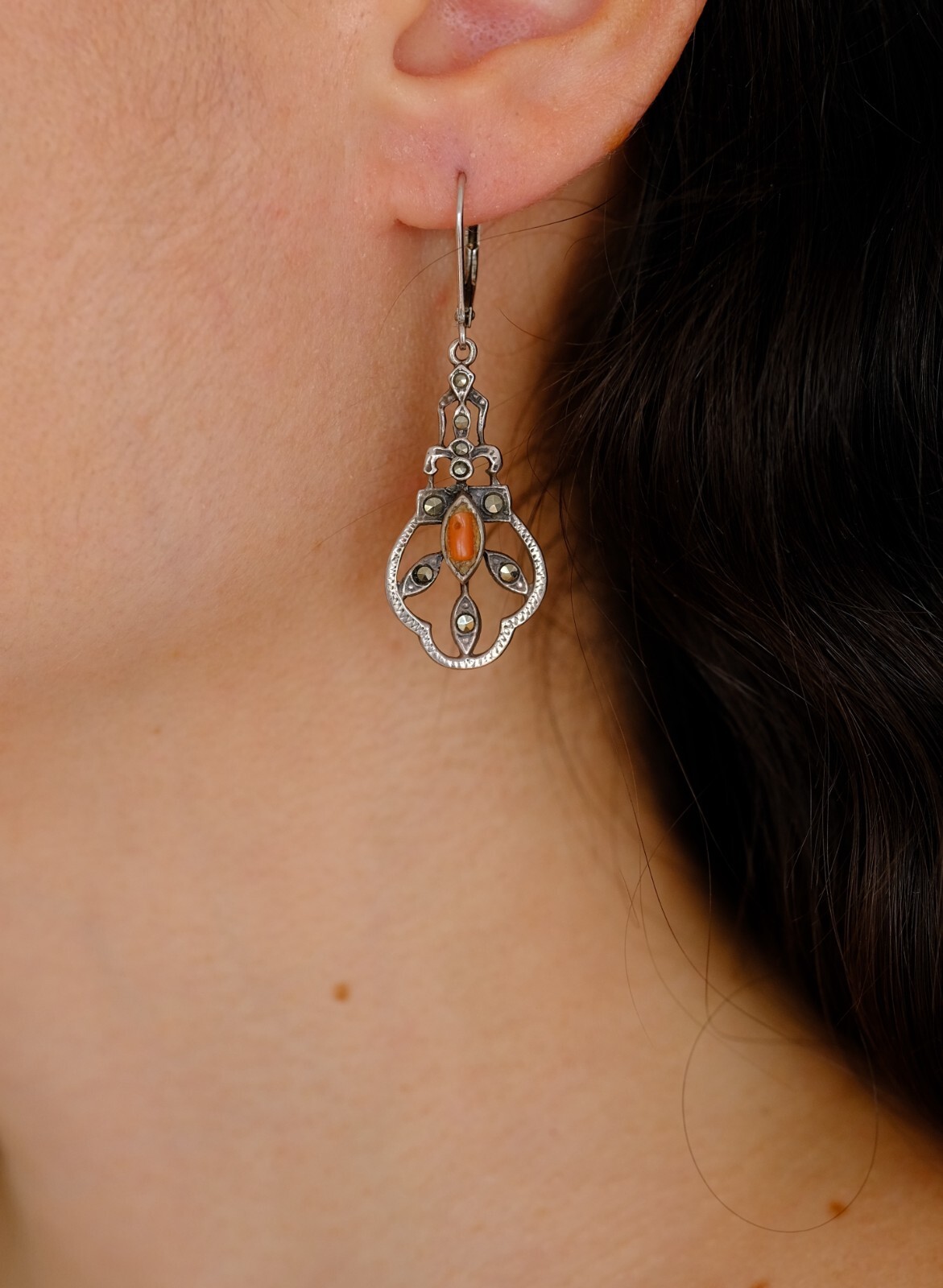 Art Deco Coral & Marcasite Dangle Lever Back Sterling Silver Earrings