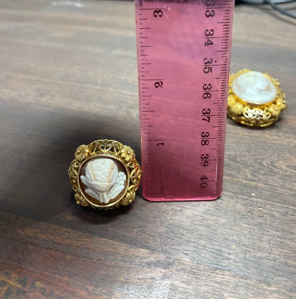Vintage Cameo Set 14K Yellow Gold Brooch/Pendant & Carved Rose Ring 6.5 size