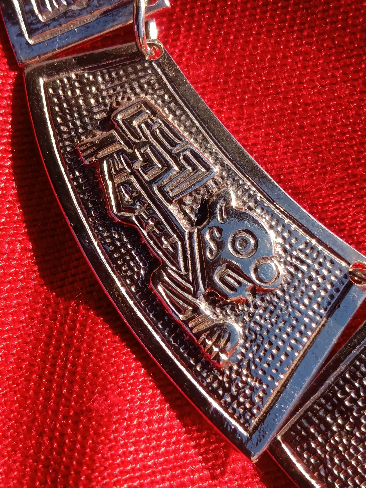 Large 64g 900 Silver Inca Dangle Pendant Necklace Handcrafted Tribal Pattern.