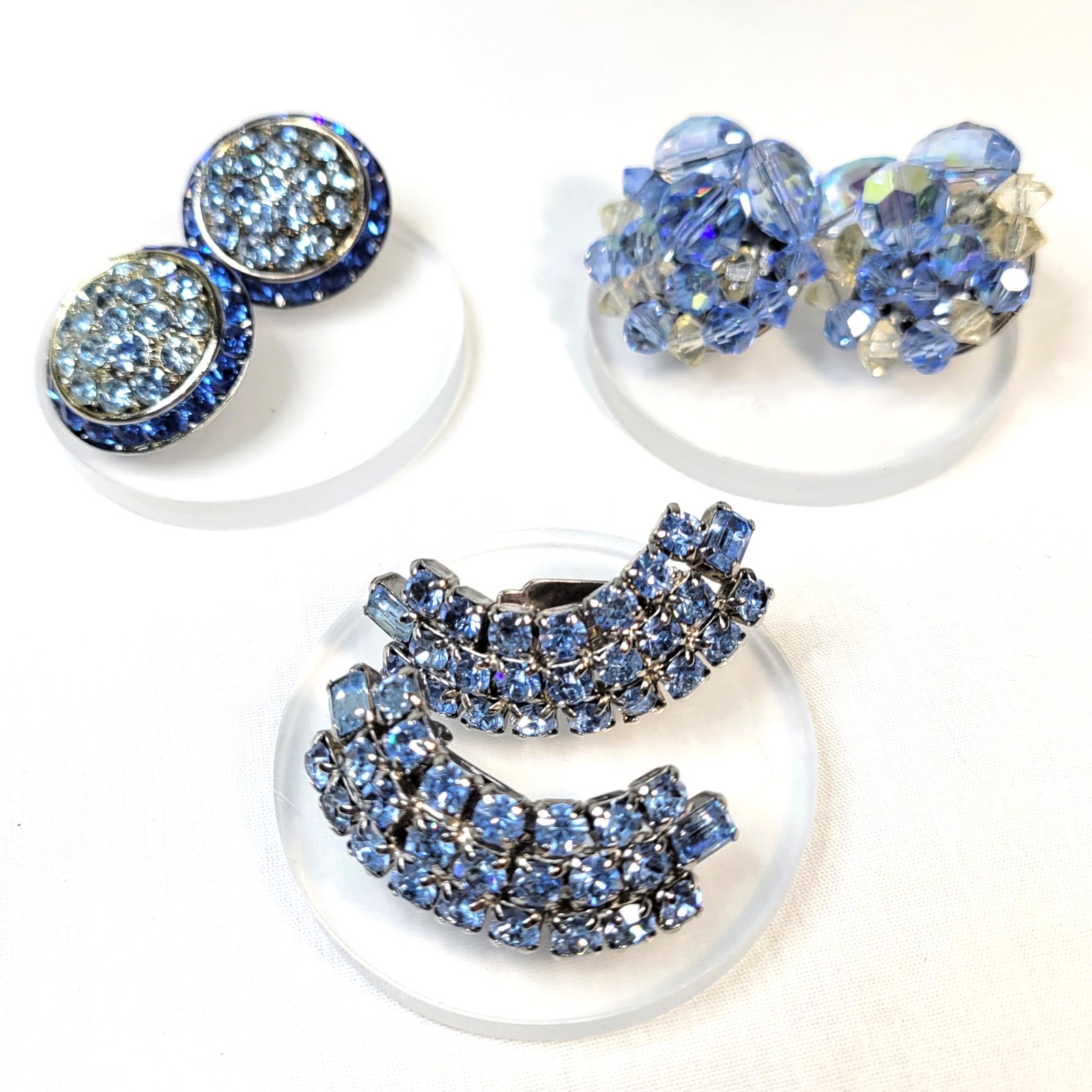 Vtg Clip On Earrings Lot 3 Pair Rhinestone Bead Blue Mid Century Heirloom Retro