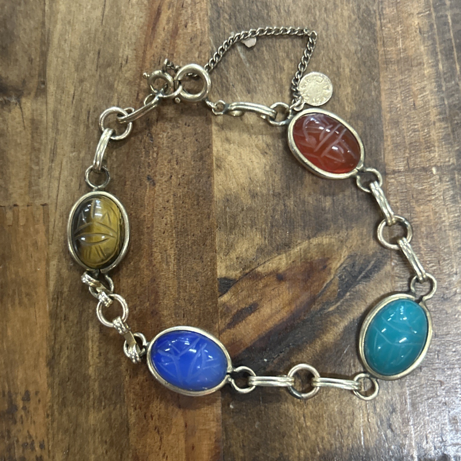 Vtg 7.75”/9” AC 1/20 12k Gold Filled Mixed Gemstones Scarab Bracelet 9.55 G