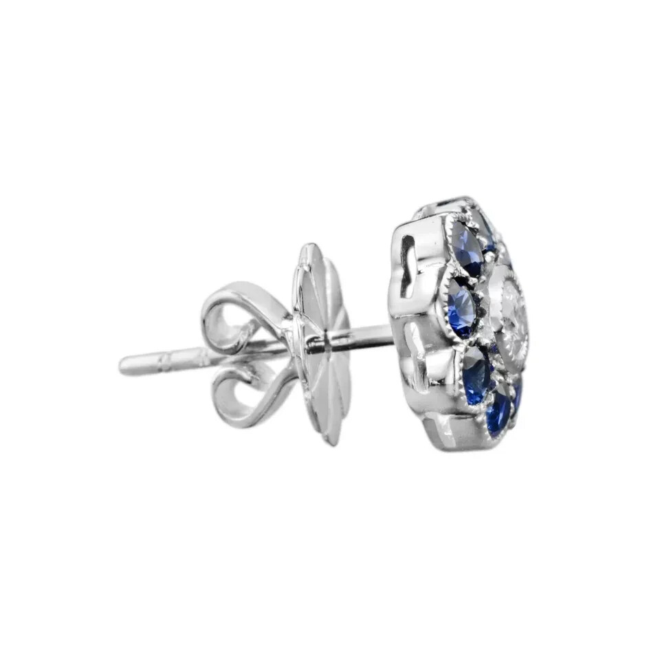 Art Deco Style Lab Created Diamond Sapphire Women Stud Earring 14K White Gold FN