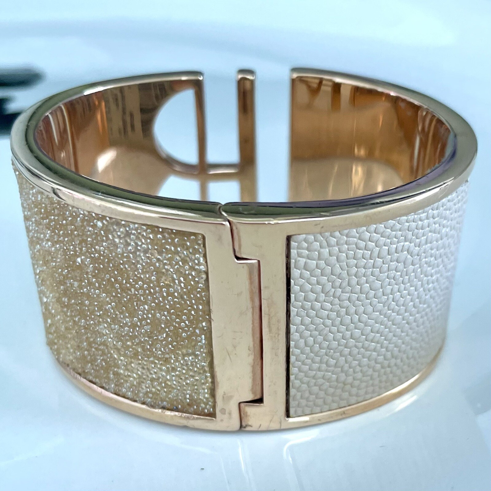 NWT RARE HENRI BENDEL NYC HB Logo GOLD Cuff Beige Leather Crystals Bracelet