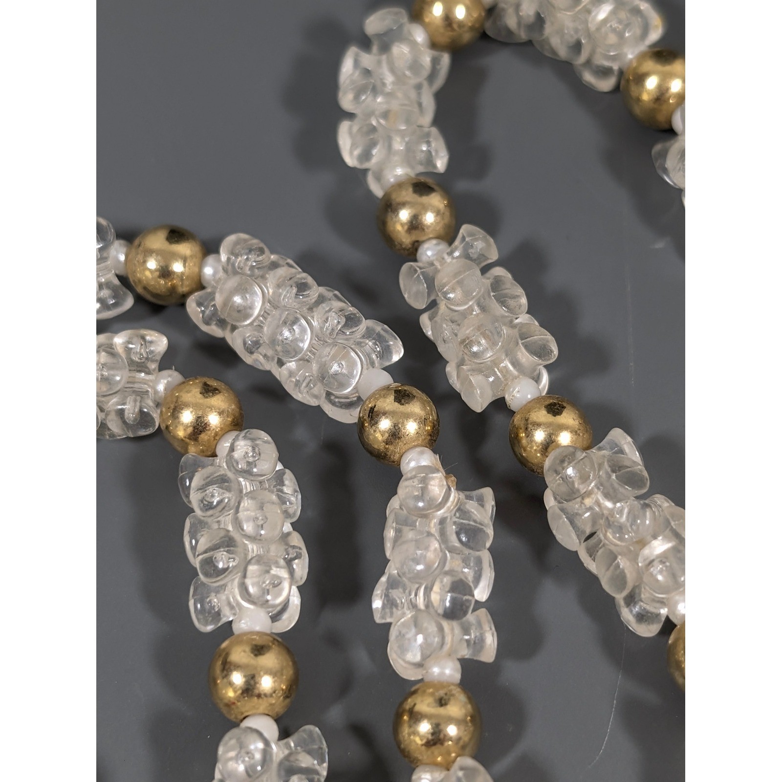 Vintage Lucite Popcorn Bead Necklace Clear Gold Tone Long 36″