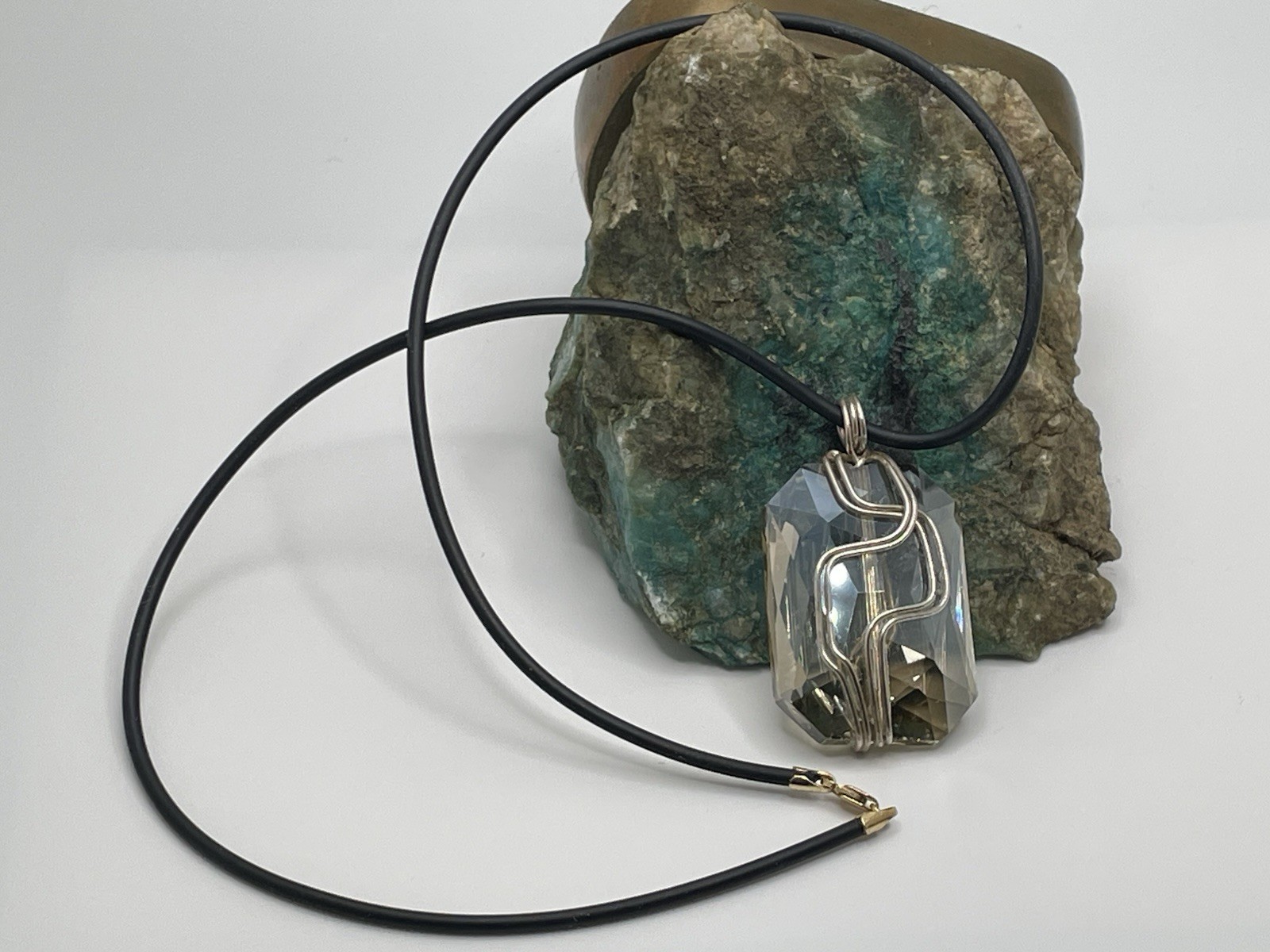 18” Black Rubber Cord Necklace 14K Gold Lobster Claw Clasp Crystal MOD Pendant