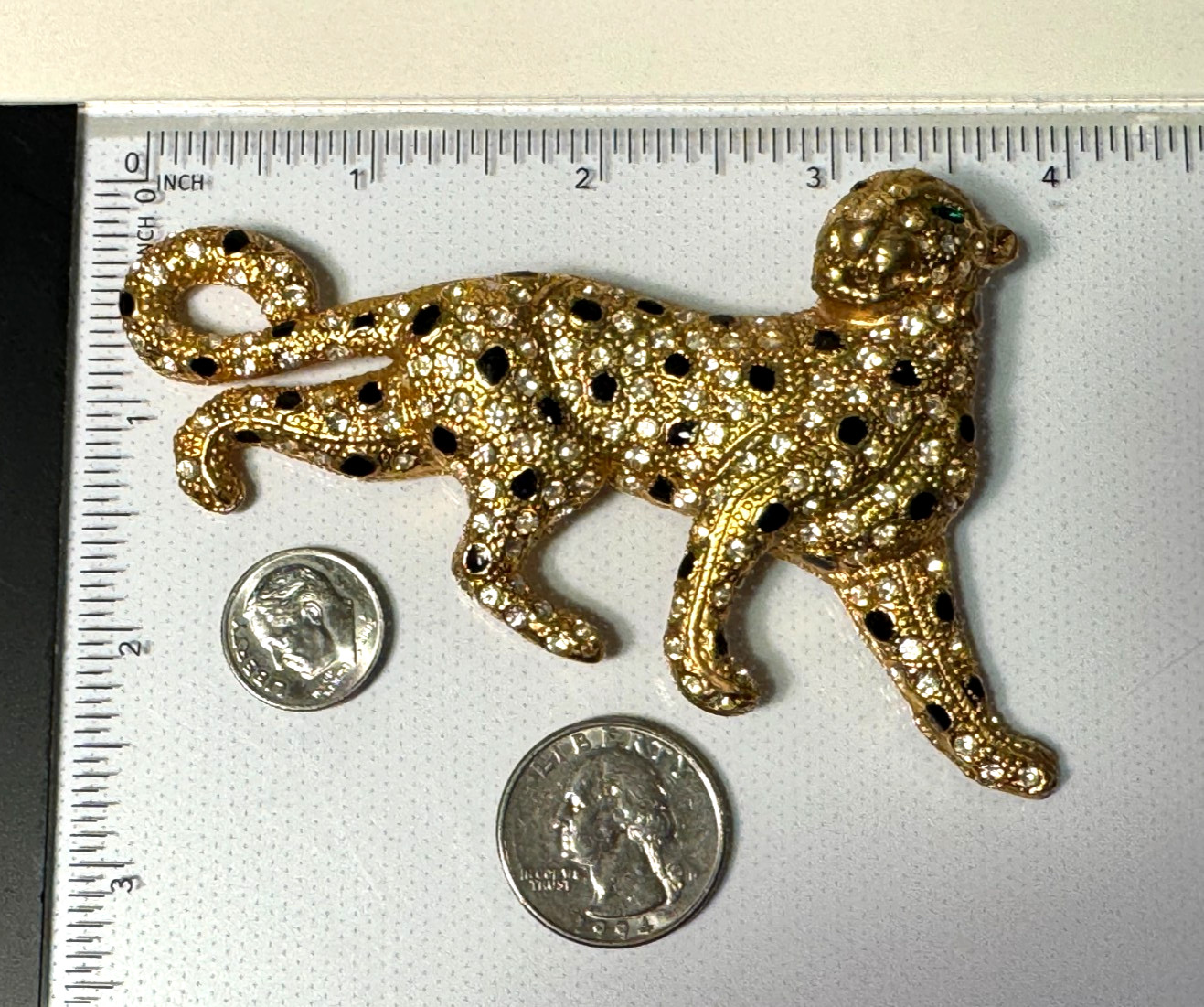 LARGE PANTHER BROOCH PIN GOLD TONE RHINESTONES BIG CAT BLUETTE FRANCE STYLE 4″