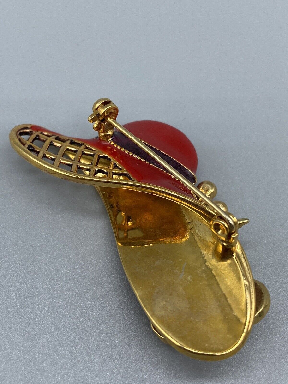 Vintage 1960s Brooch Pin Lapel Lady Hat Red Enamel Rhinestone Gold Tone