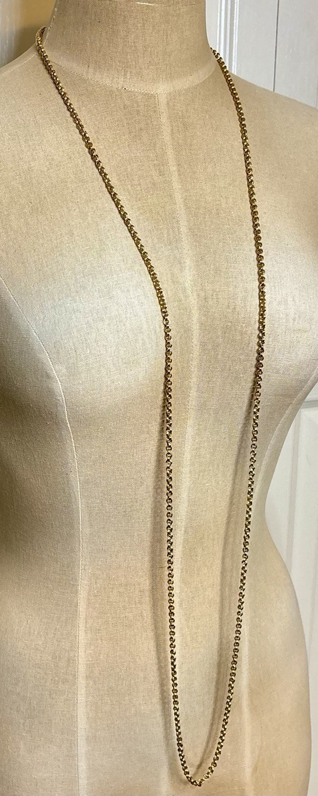 Vintage Crown Trifari Double Round Link Gold Tone Long Chain 54″ Hang Tag Logo