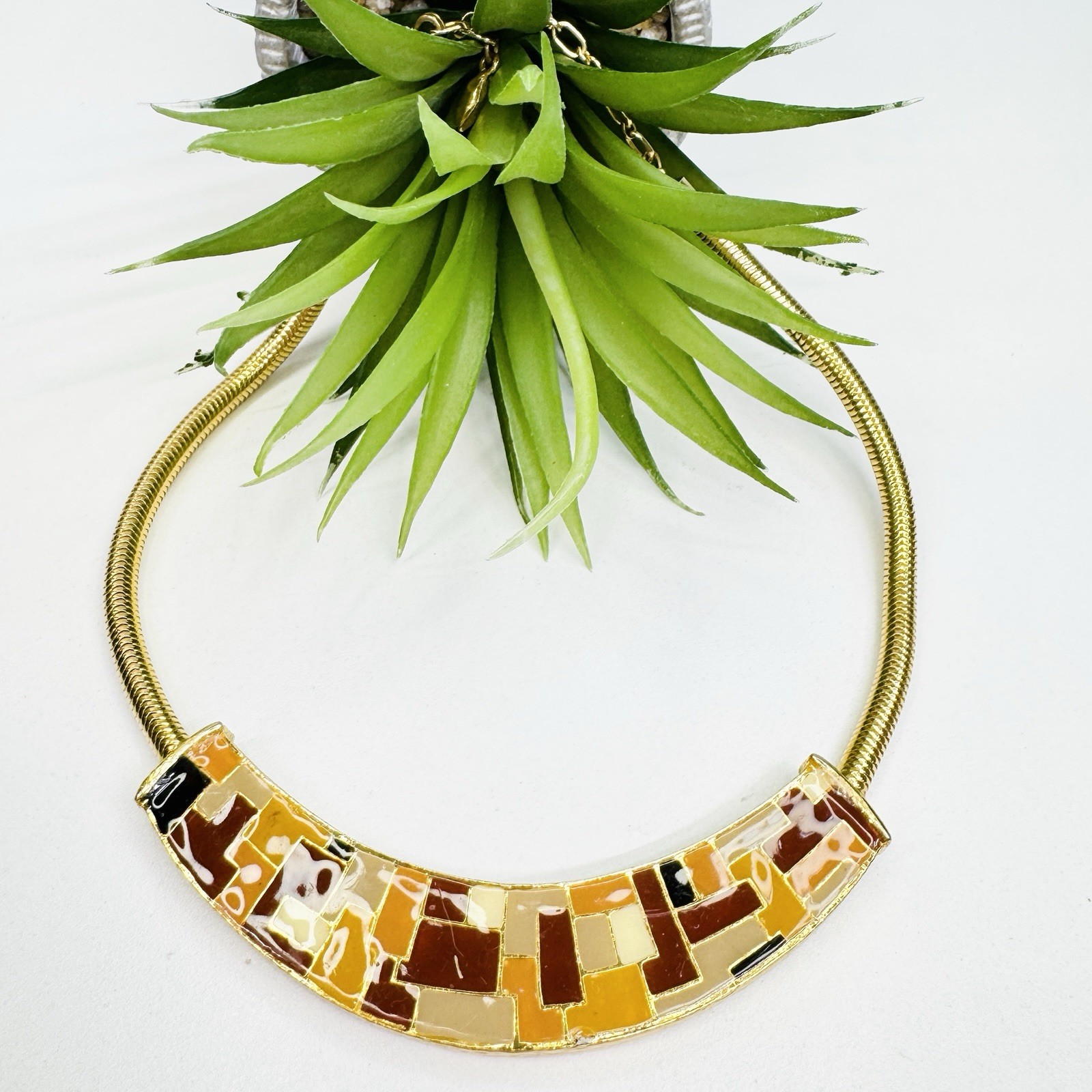 Vintage Neutral Tone Mosaic Enamel Gold Tone Necklace Tan Brown Yellow Orange