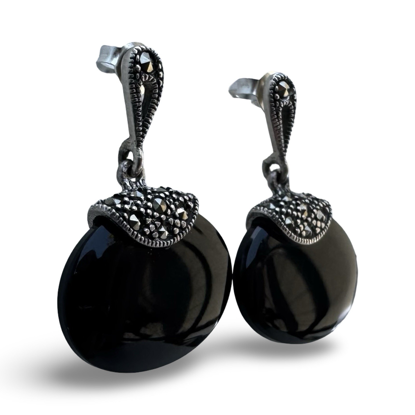 Vintage 925 Sterling Silver Black Onyx Marcasite Dangle Earrings Signed R