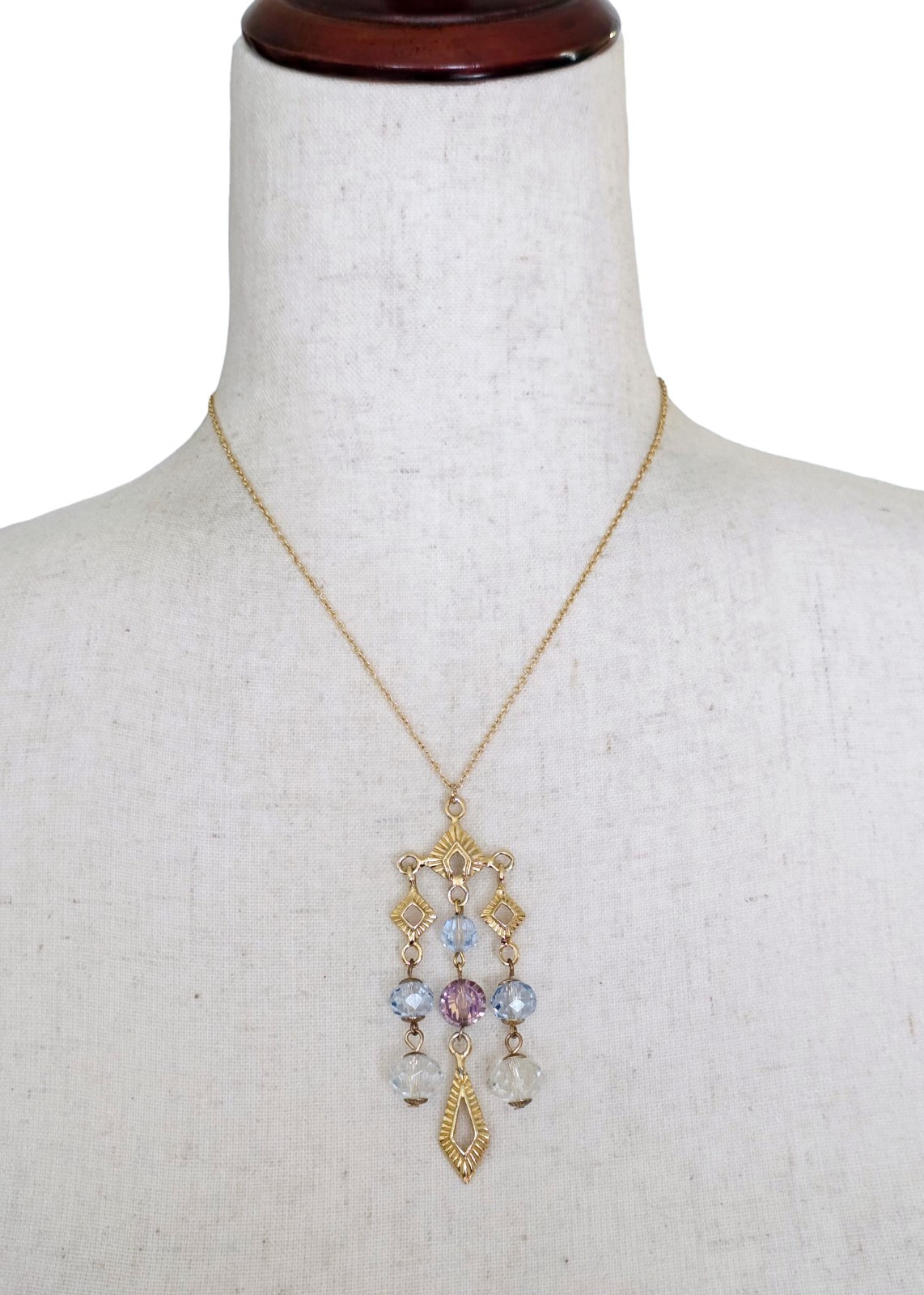 Vtg Aurora Borealis AB Crystal Chandelier Pendant Lavalier Necklace Gold Tone