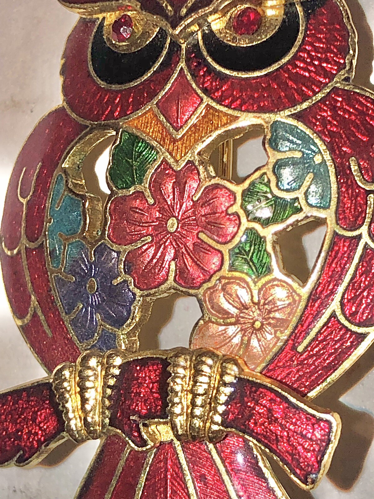 Cloisonné Owl Brooch Brilliant Multicolored 2,25” Tall, About 1” Wide Vintage