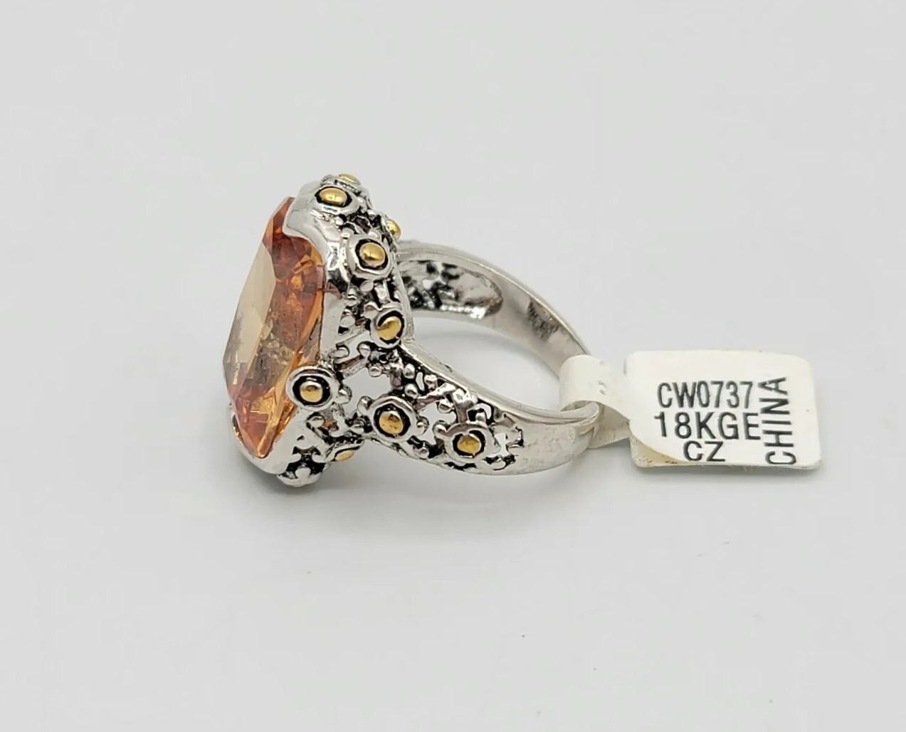 Vtg Sz 7 Ring Lg Citrine Topaz Cubic Zirconia 2-tone Statement Fashion Jewelry T