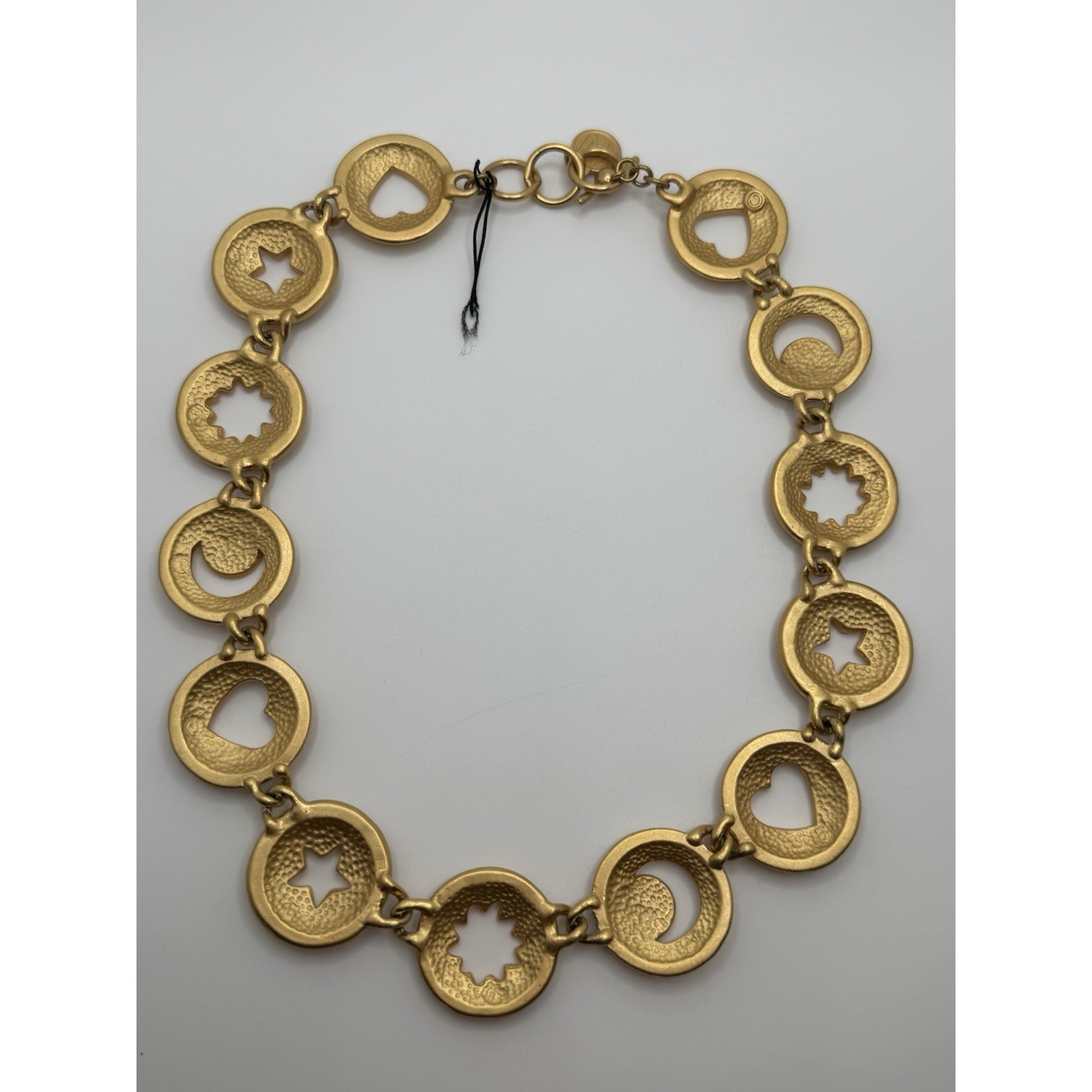 Vintage Anne Klein Necklace Matte Gold Tone Heart Star Moon Cut Out Round Link