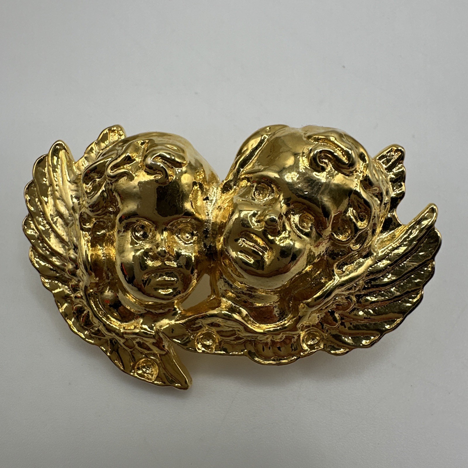 Vintage Guardian Angel Cherub Brooch Pin Shiny Gold Tone