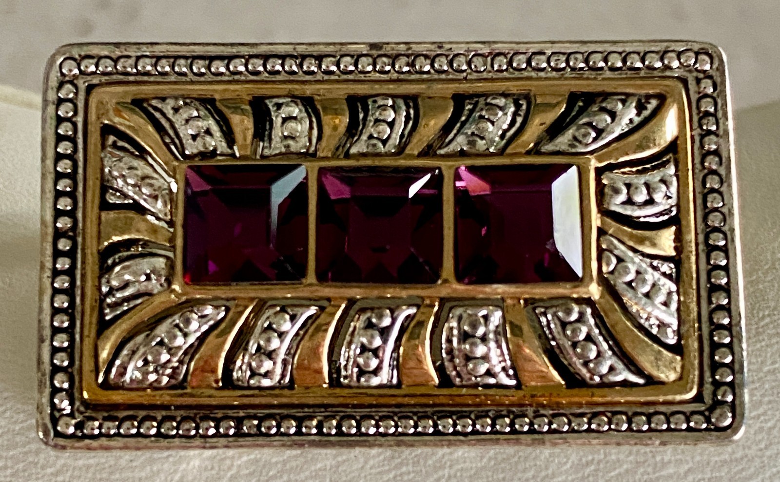 Vintage Art Deco Style Gilt Brooch Purple Rhinestone Silver & Gold Tone Filigree