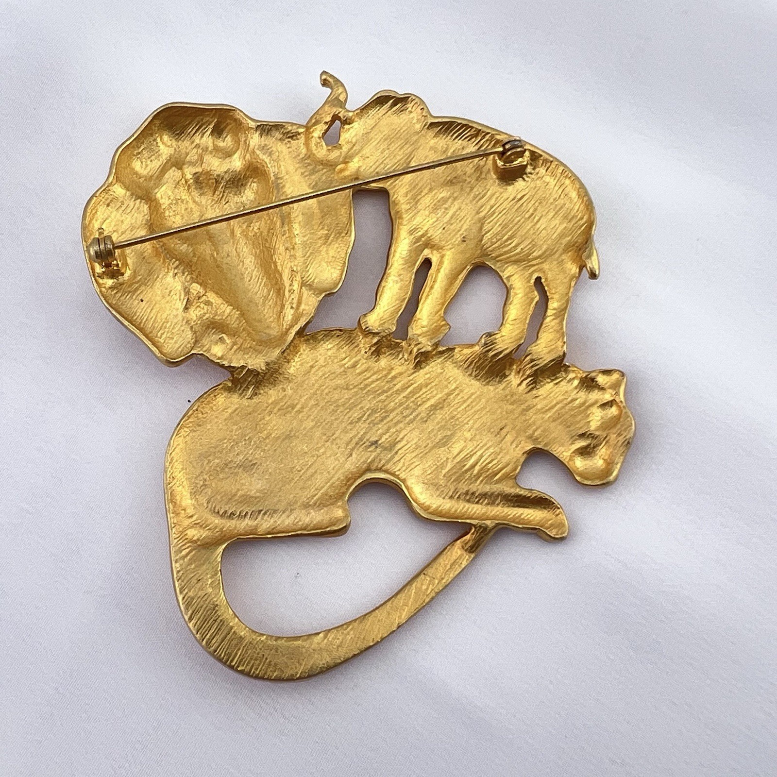 Vintage Safari Brooch Pin Animal Elephant Leopard Large Matte Gold Tone Estate