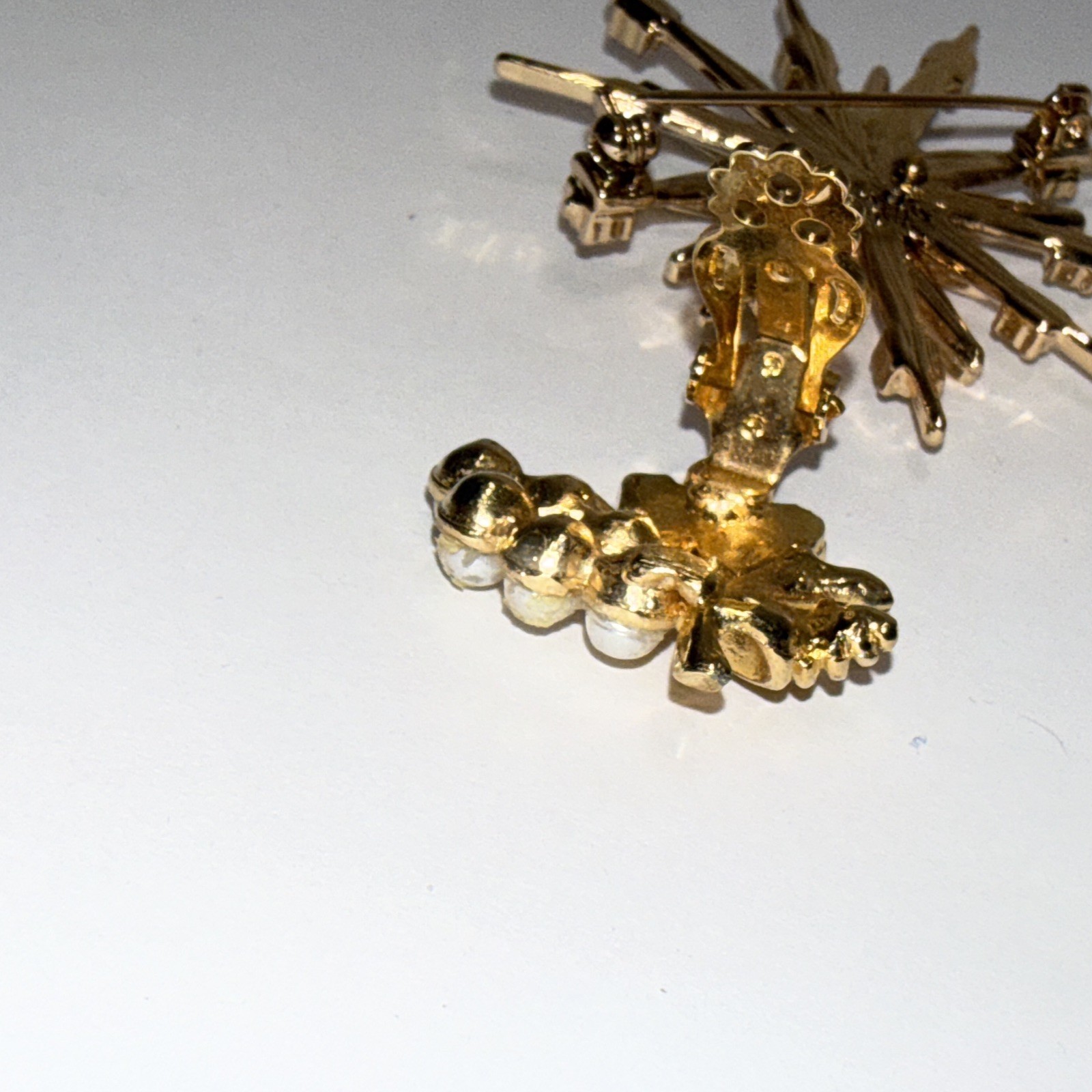 Vintage Gold Tone Clip Earrings Pearl Grape Clusters & Golden Starburst Brooch