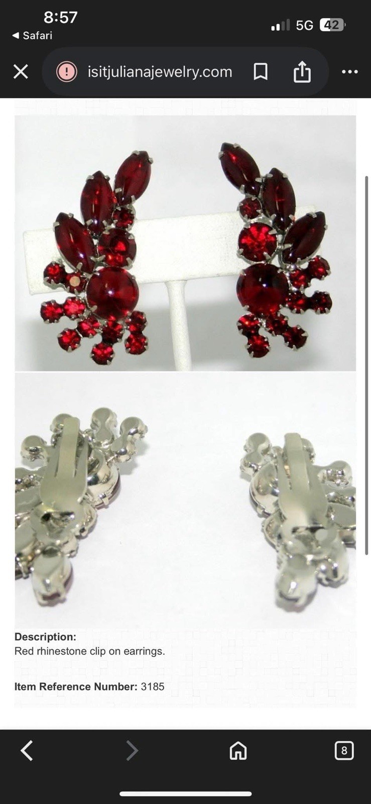 Vintage JULIANA D&E Delizza & Elster Ruby Red Single Earring Reference Book 3185