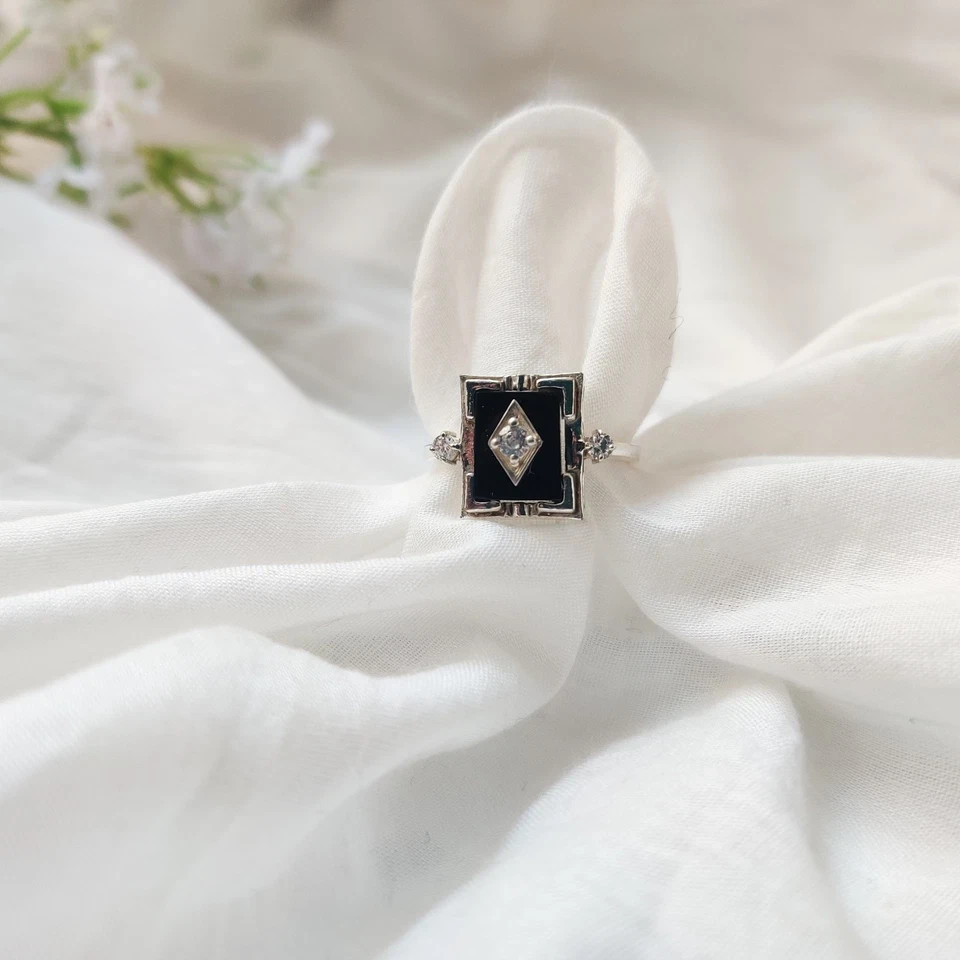 Antique Art Deco Vintage Black Onyx & Lab-Created Diamond Gift Ring 925 Silver