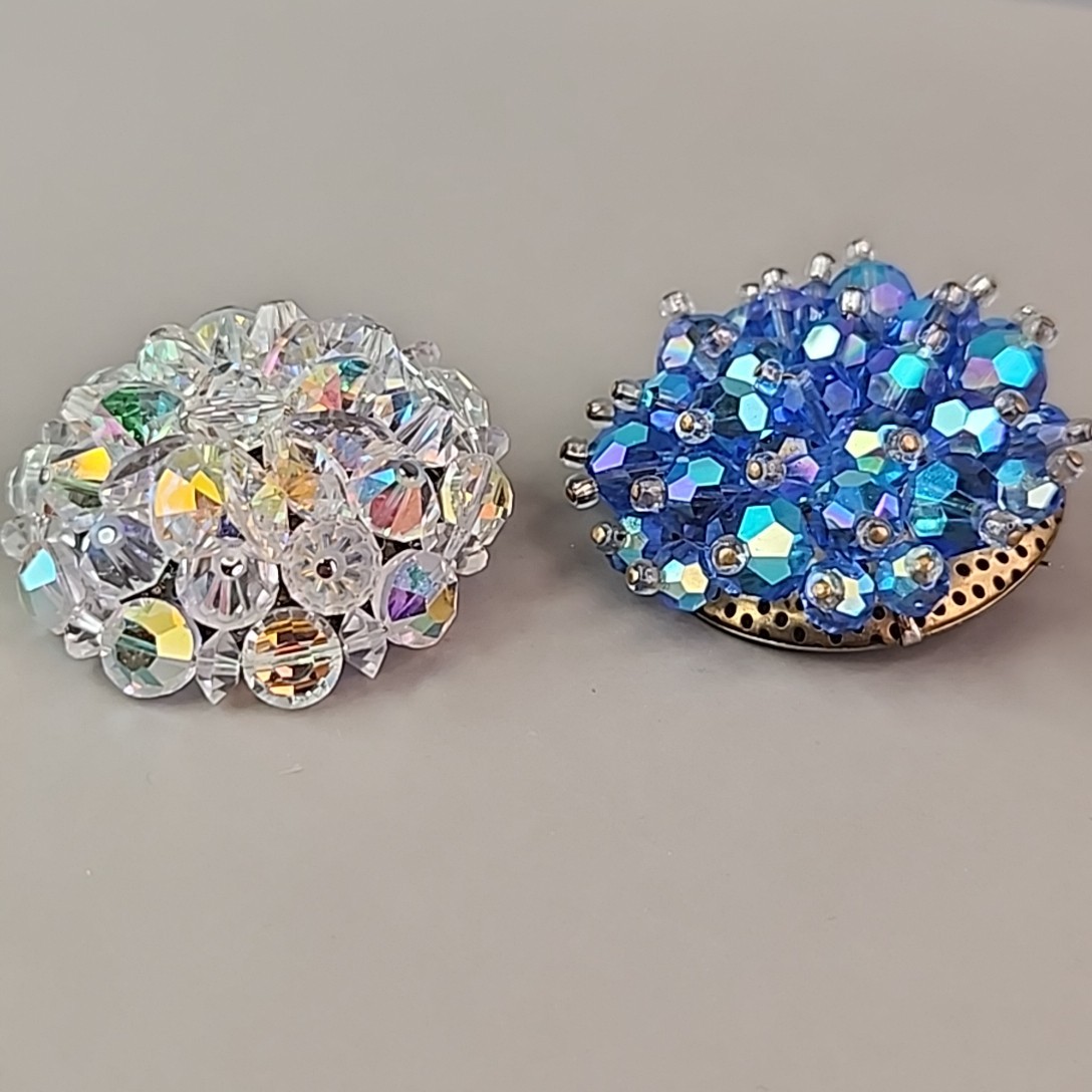 Vintage Cluster Brooch Lot of 5 AB Glass Blue Red Yellow Plastic