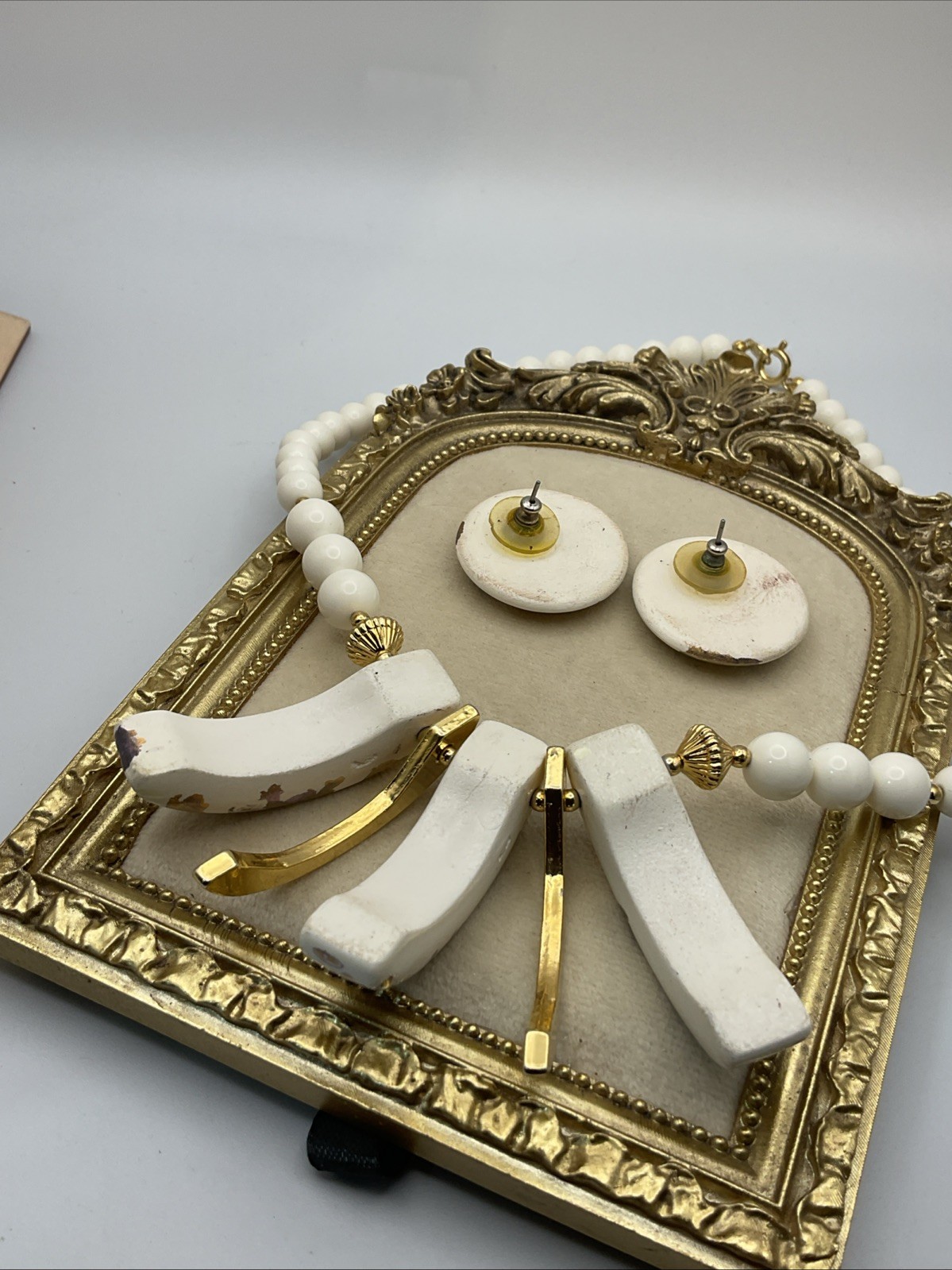 Vintage 60s-80s White & Gold-tone Chunky Bib Necklace/ Earring Set Marked Japan