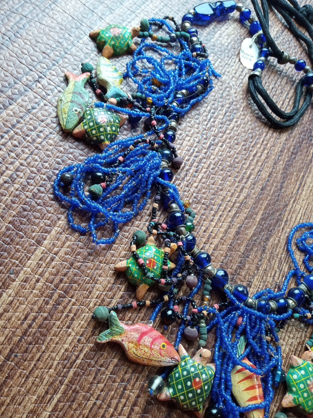 Vtg Boho Necklace Hand Painted Fish Turtles Intricately Beaded Looped Dangles