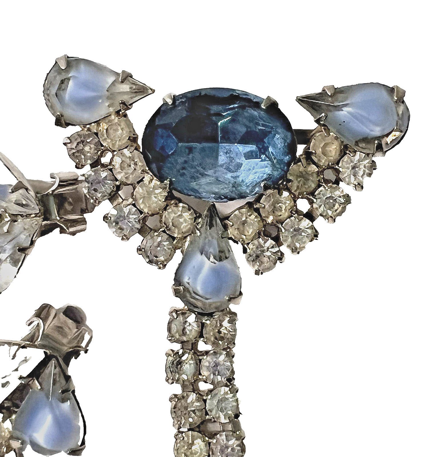 Lrg Vtg Blue Tones Rhinestone Dangle BROOCH w Earrings