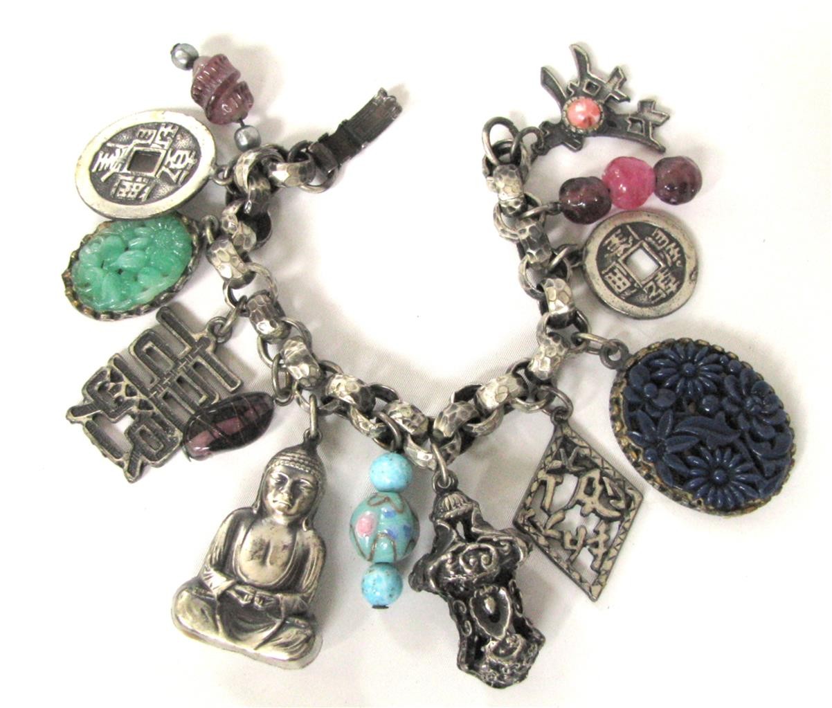 Vintage Napier Shangri La CHUNKY Asian 13 Charm Bracelet Silver 1950’s 7.25″