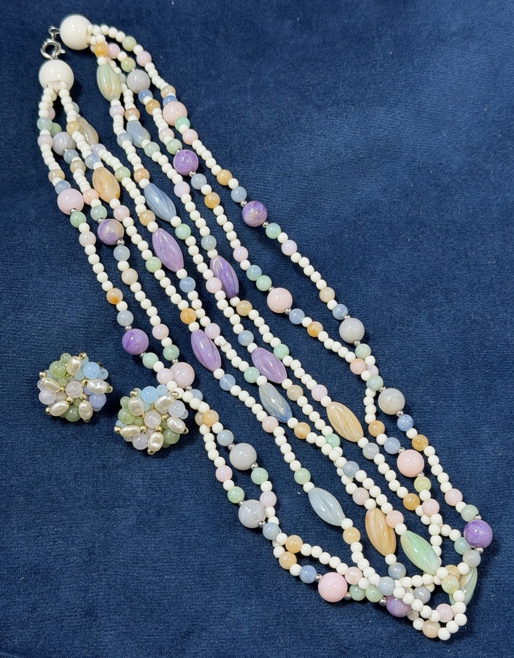 Vintage Multi Strand Glass Beaded Necklace Earrings Set 3 PC Lavender Pastels
