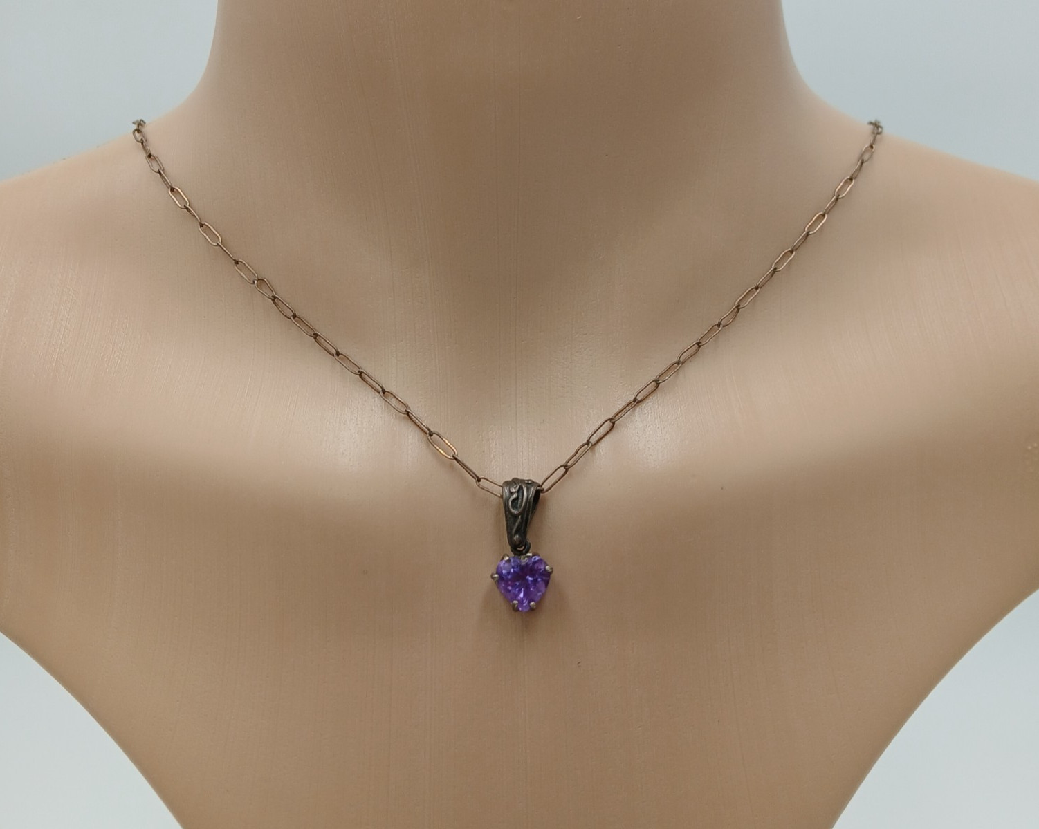 VTG 925 Amethyst CZ Heart Pendant Necklace 24in Sterling Silver 4gtw Scroll Bail