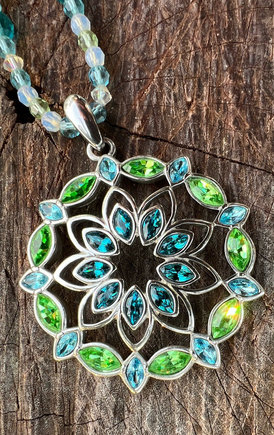 Swarovski Crystal Mandala Medallion Statement Necklace Blue Green Teal Swan VTG