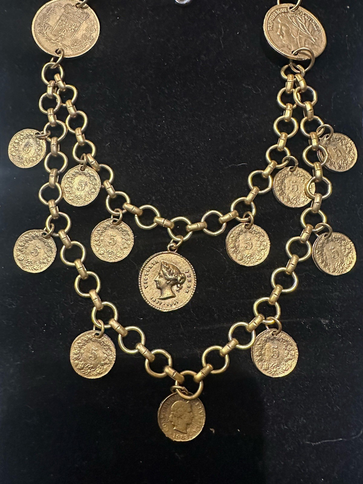 Vintage Coin Necklace Yochi New York 24 Kt Gold Plated Double Strand Link Signed