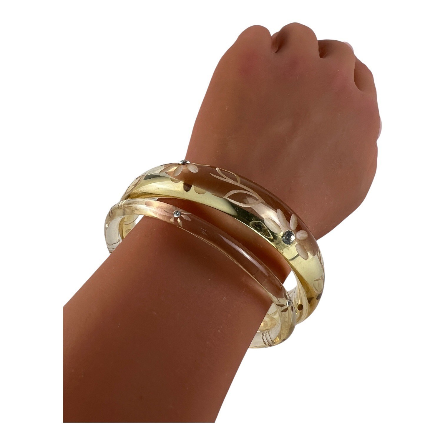 Vintage Lucite Bangle Set Carved Daisy Rhinestone Bracelets Clear Retro
