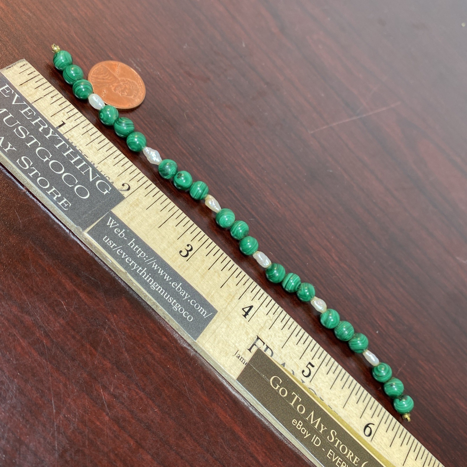 VTG Round Malachite Beads (No Clasp) Fresh Water Pearls Segment Bracelet 6-3/8”