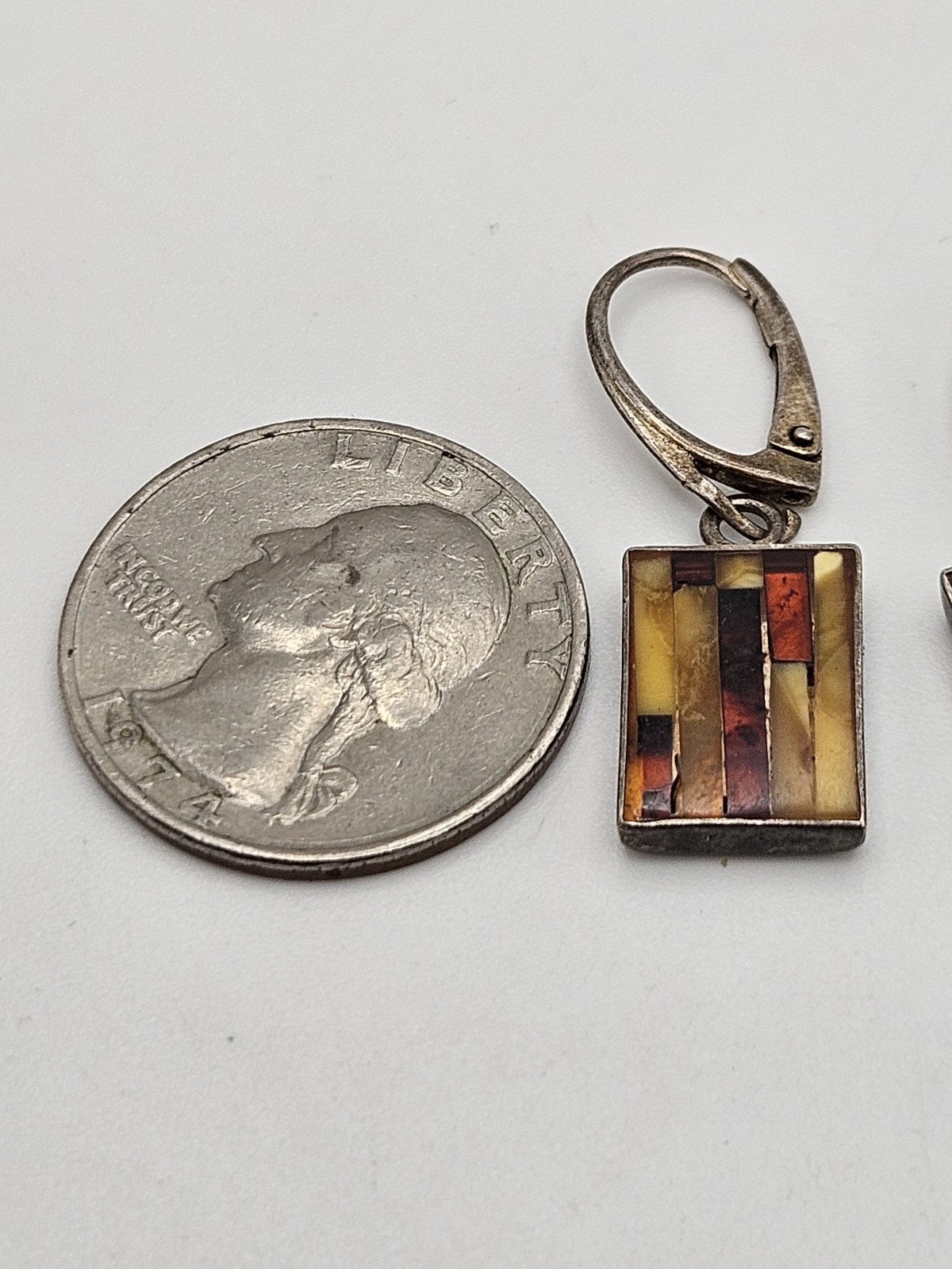 Vintage Sterling Silver Multicolor Amber Inlay Dangle Petite Earrings