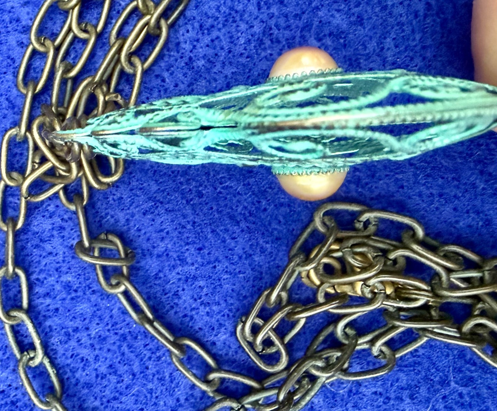 Vintage Patina Metal Filigree Medallion Tassel Necklace Art Nouveau 28″