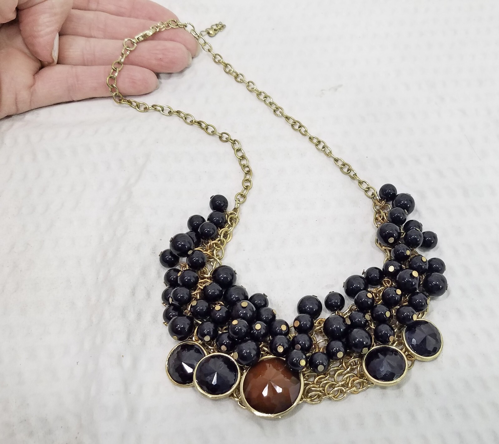 Vintage Gold Tone Maille Mesh With Black Brown Bead Cluster Bib Choker Necklace