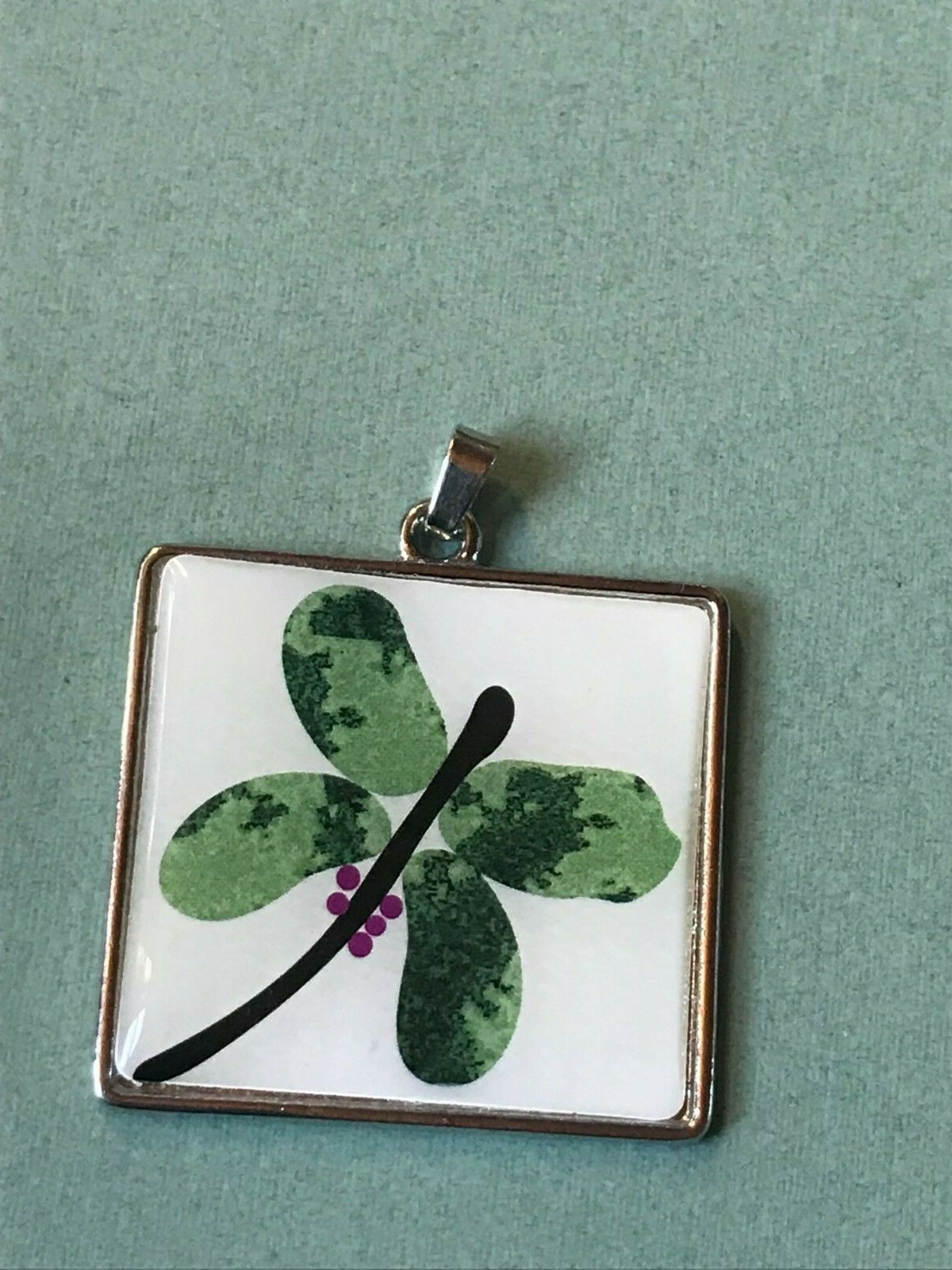 Estate Large White Square w Green & Purple Dragonfly Silvertone Pendant – 1.5 x