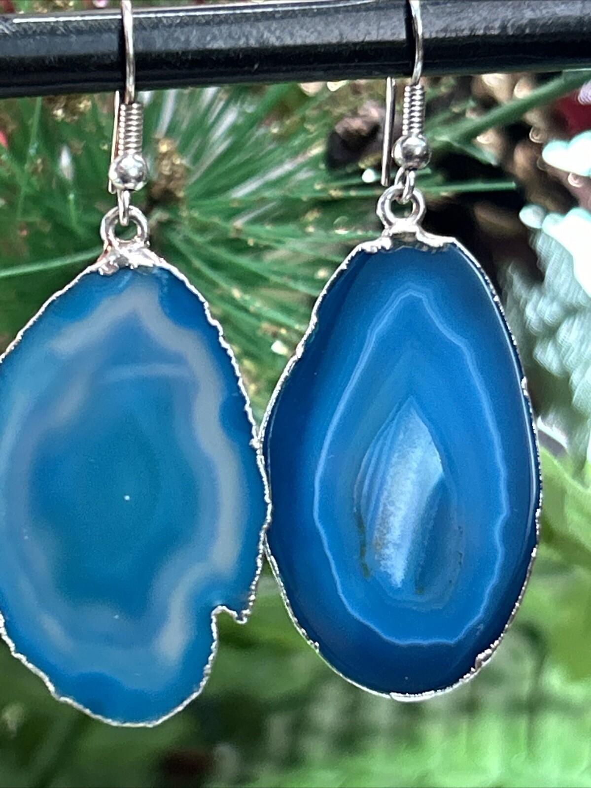 Vintage Silver Tone Blue Geode Slice Dangle Drop Pierced Earrings Large 2.25”