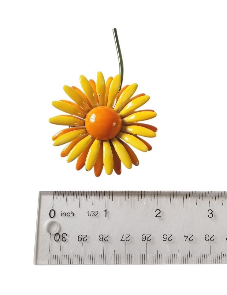Vintage 1960’s Yellow And Orange Enamel Flower Power Brooch Daisy Mod Layered