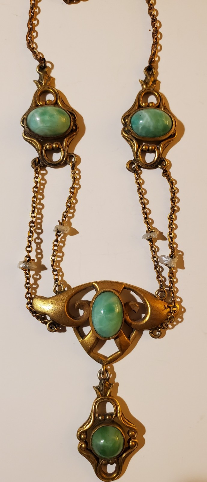 Antique Art Nouveau Krementz Festoon Necklace Seed Pearls Green Cabochons