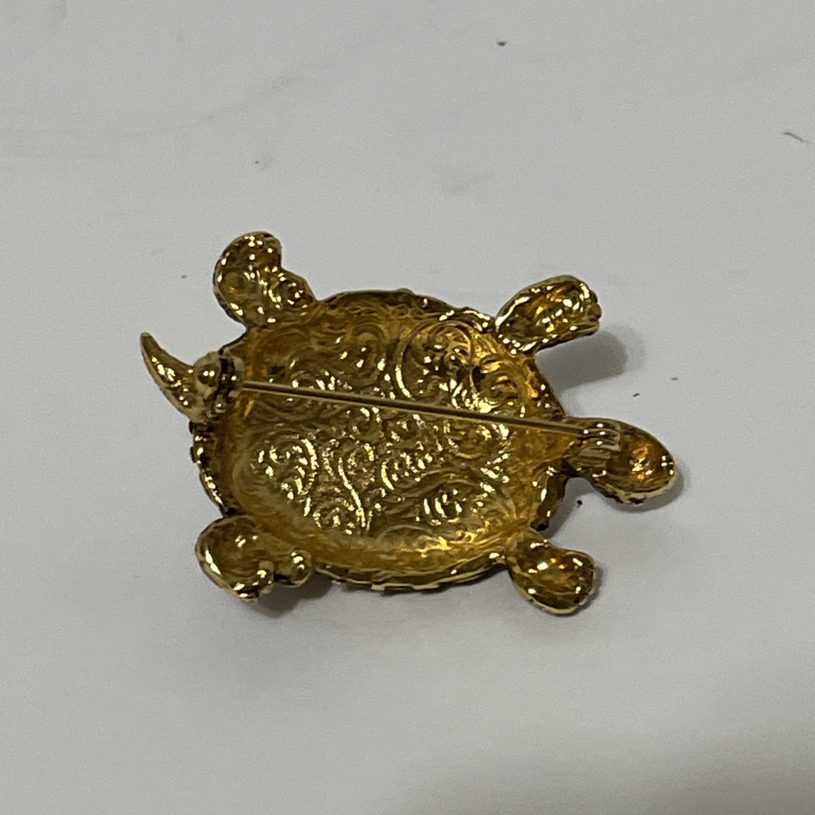 1928 Brand Brooch Turtle Tortoise Black Faceted Acrylic Shell Gold Flower Motif